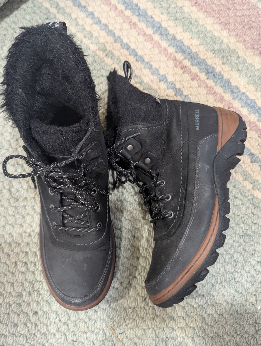 Merrell Black Faux-Fur Trim Waterproof Lace-Up Winter Boots with Brown Trim
